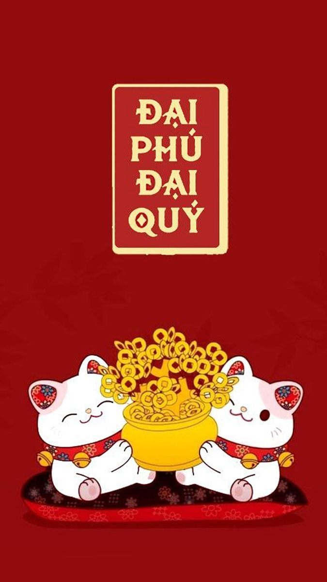 Mèo may mắn và câu chúc tài lộc trên nền đỏ, độ phân giải 1080x1920, hình ảnh HD, phù hợp làm hình nền phong thủy.