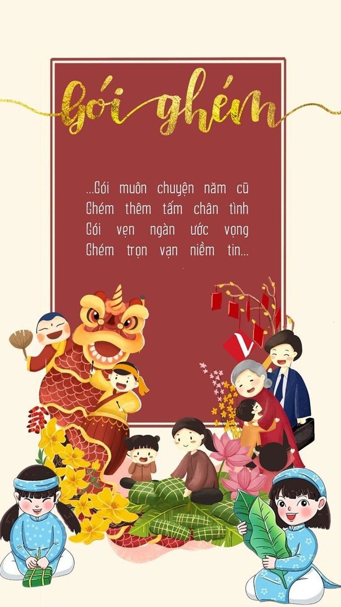 Hình nền Tết Việt Nam, trẻ em vui chơi bên lân, bánh chưng, hoa mai, hoa đào, chất lượng HD, 1080x1920.