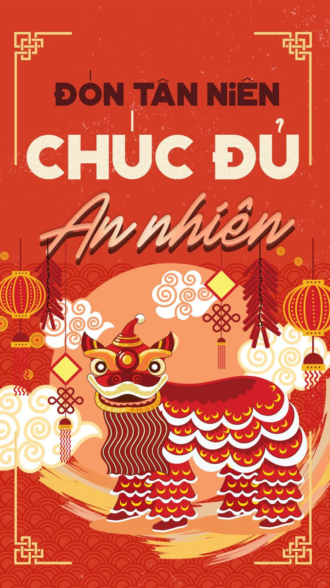 Hình nền Tết đón năm mới, lân sư rồng đỏ, đèn lồng, 1080x1920 HD. Chúc mừng năm mới, an nhiên, phúc lộc.