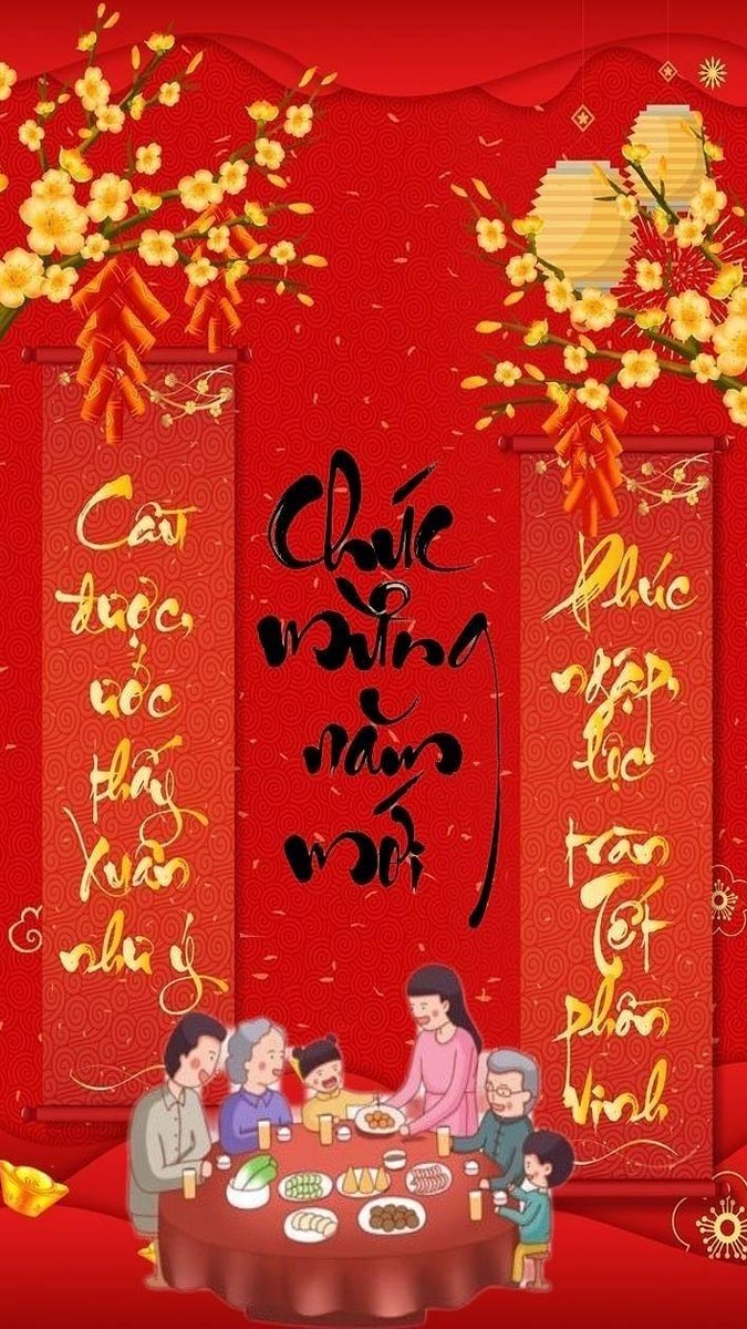 Hình nền Tết nguyên đán với gia đình quây quần bên bàn ăn, nền đỏ hoa mai vàng, độ phân giải 1080x1920, chất lượng HD.