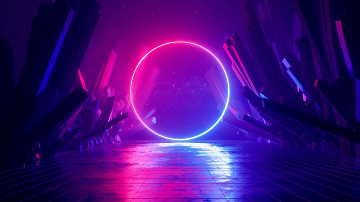 Hình nền vòng tròn neon sáng tạo, không gian ảo diệu, chất lượng 4K, độ phân giải 1080x1920, phong cách tương lai.