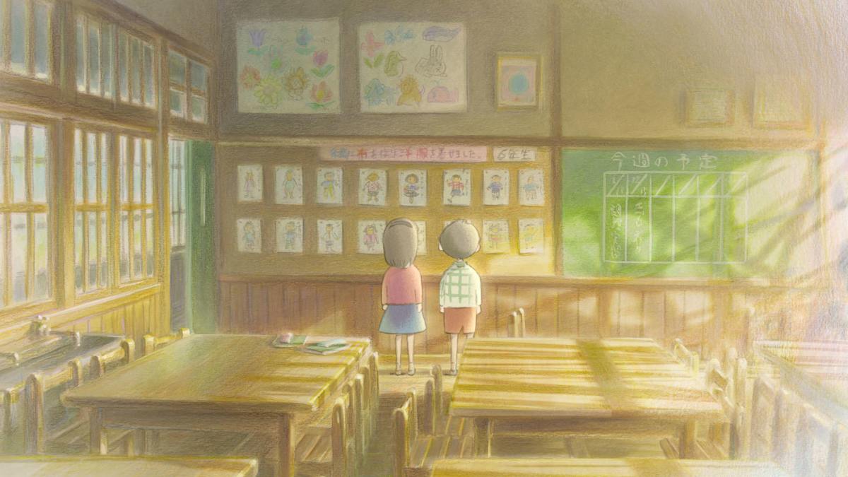 Hình nền lớp học anime nhẹ nhàng, ánh sáng xuyên qua, chất lượng HD, 675x1200, tạo cảm giác hoài niệm.