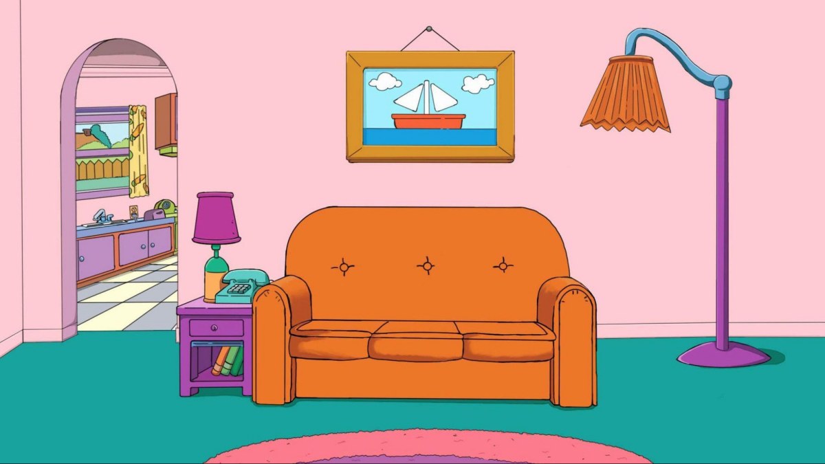 Phòng khách hoạt hình với sofa cam, đèn đứng, tranh treo tường; độ phân giải 1080x1920 HD.