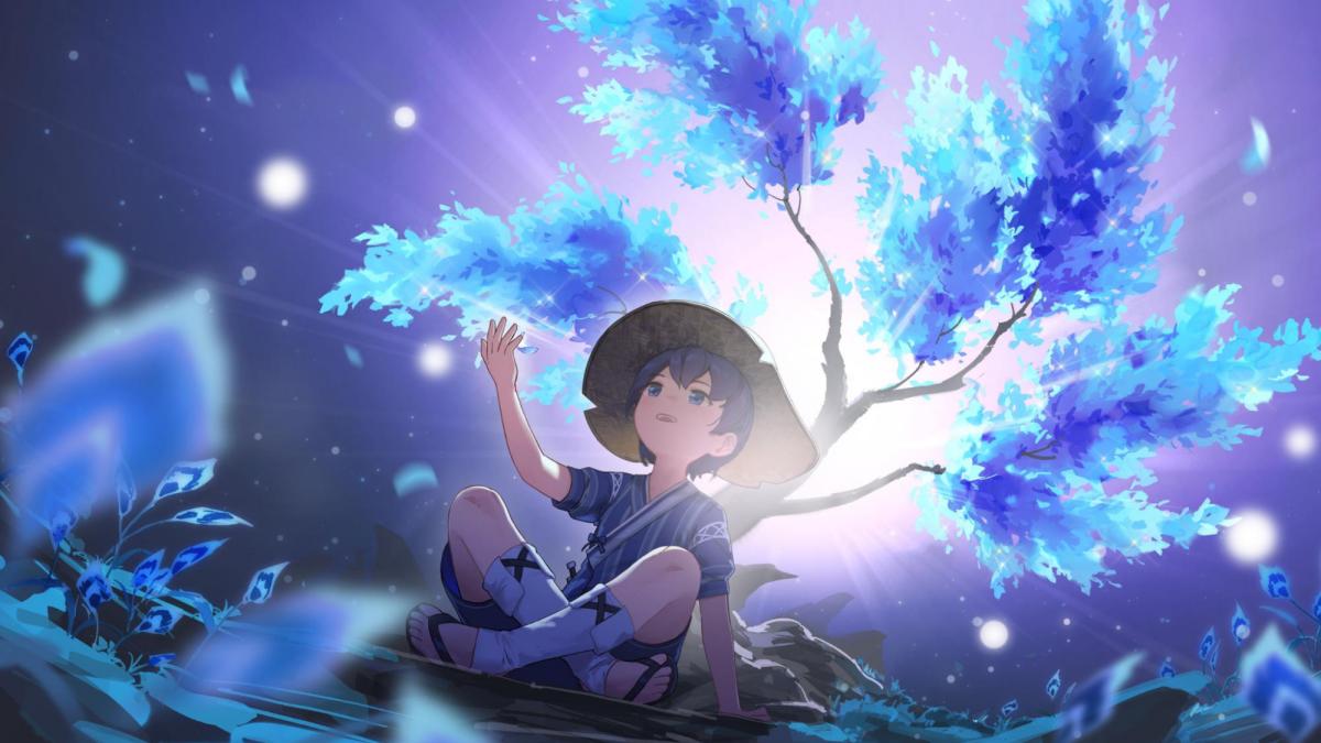 Hình nền anime bé trai dưới cây ánh sáng huyền ảo, 1080x1920, chất lượng HD, phù hợp cho ảnh nền điện thoại.