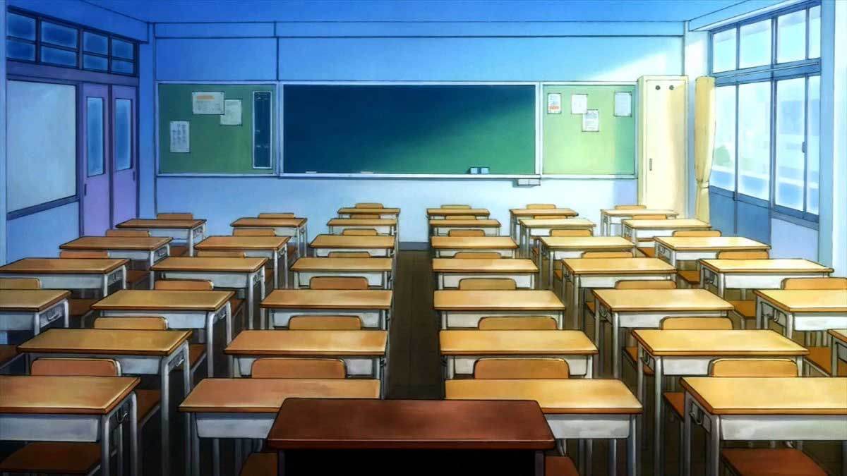 Phòng học anime trống trải với bàn ghế gỗ, bảng xanh, ánh sáng tự nhiên, độ phân giải HD 1080x1920.