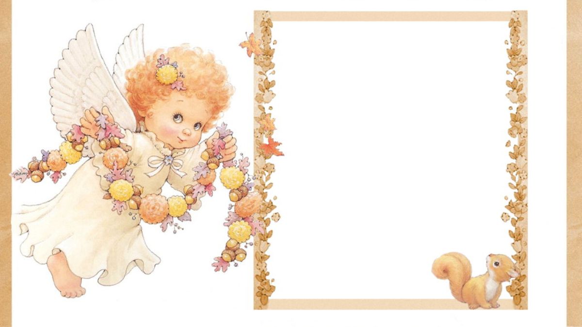 Thiên thần và sóc dễ thương, nền trắng, viền hoa lá, độ phân giải 675x1200, chất lượng HD, hình nền đáng yêu.
