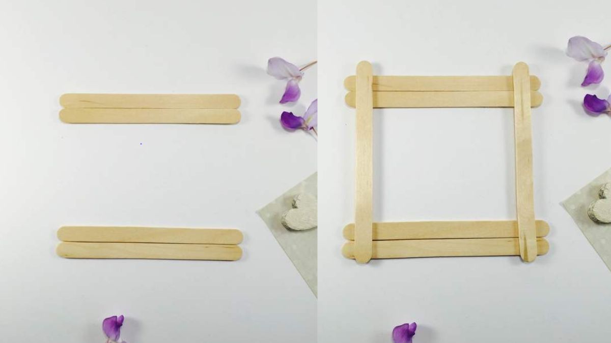 Khung gỗ tự làm từ que kem, nền trắng, trang trí hoa tím, ảnh HD 1080x1920, ý tưởng thủ công sáng tạo.