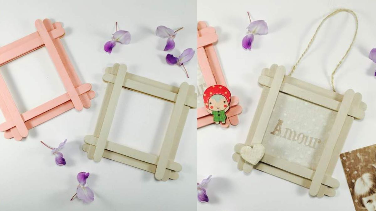 Khung ảnh DIY từ que kem, trang trí hoa tím, độ phân giải 1080x1920, hình nền HD sáng tạo và độc đáo.